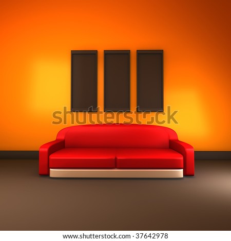 Red modern sofa in a water color room with art frames