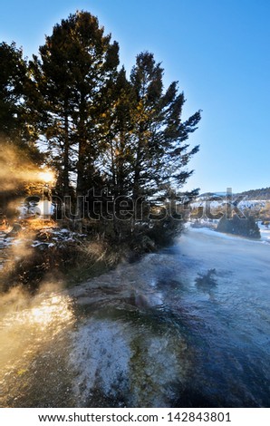 Mineral Hot Pools of Yellowstone National Park in the heart of winter.