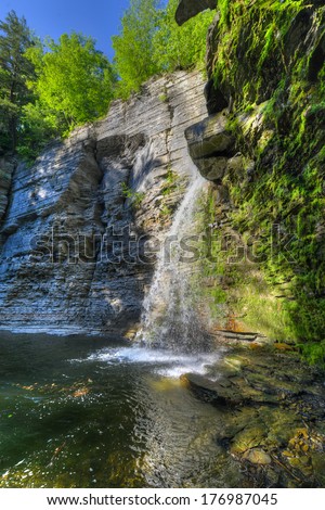 Eagle Cliff falls at Havana Glen in New York from behind. A beautiful short gorge in the Finger Lakes region.