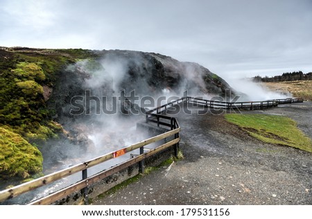 Deildartunguhver, a geothermal hotspring in Reykholtsdalur, Iceland. It has a very high flow rate for a hot spring and water emerges at near boiling. It is the highest-flow hot spring in Europe.