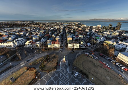 REYKJAVIK, ICELAND - NOVEMBER 23, 2013: Reykjavik, Iceland cityscape. View of the city from the top of the Hallgrimskirkja Church in the winter.