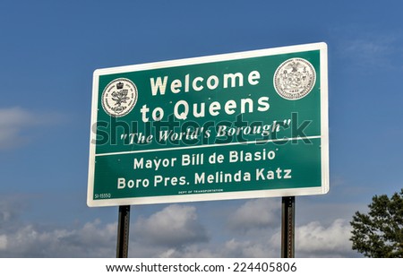 QUEENS, NEW YORK - SEPTEMBER 20, 2014: Welcome to Queens Sign for traffic between the border of Brooklyn and Queens, New York