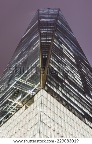 NEW YORK, NEW YORK - NOVEMBER 7, 2014: One World Trade Center at night, in the first week during which tenants started to occupy the building.
