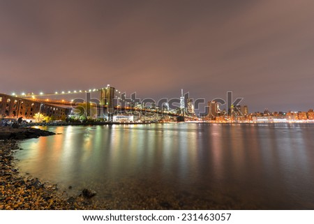BROOKLYN, NY - NOVEMBER 8, 2014: Brooklyn Bridge at night viewed from the Brooklyn Bridge Park in New York City.