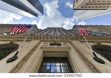 NEW YORK, NEW YORK - AUGUST 17, 2013: The Helmsley Building in New York, NY. The 35-story building is the tallest in the Grand Central Terminal Complex and was designated a city landmark in 1987.