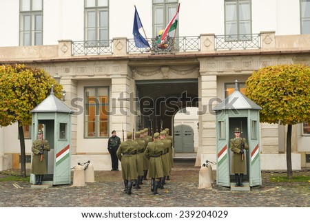 BUDAPEST, HUNGARY - NOVEMBER 28, 2014. Ceremony of changing the Guards near of the Presidential Palace in Budapest, Hungary.