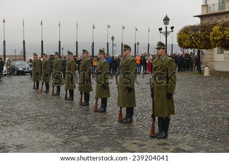 BUDAPEST, HUNGARY - NOVEMBER 28, 2014. Ceremony of changing the Guards near of the Presidential Palace in Budapest, Hungary.