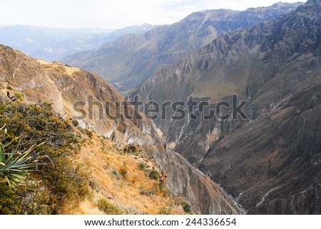 View of Colca Canyon, Peru, South America from Mirador Cruz del Condor. One of the deepest canyons in the world.