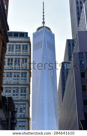 New York, USA - May 30, 2015: One World Trade Center as seen from Fulton Street in Manhattan.