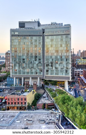 New York City - August 7, 2015: View across Manhattan Meatpacking District and Chelsea from above, at sunset with The Standard Hotel in view.
