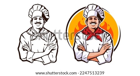 Master Chef, icon or logo for restaurants  Cheerful chef in cook hat. Cooking, food concept. Cartoon vector illustration