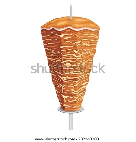 Doner kebab. Shawarma consisting of meat cut into thin slices, stacked in a cone-like shape, and roasted on a slowly-turning vertical rotisserie or spit. on white background. Vector illustration.