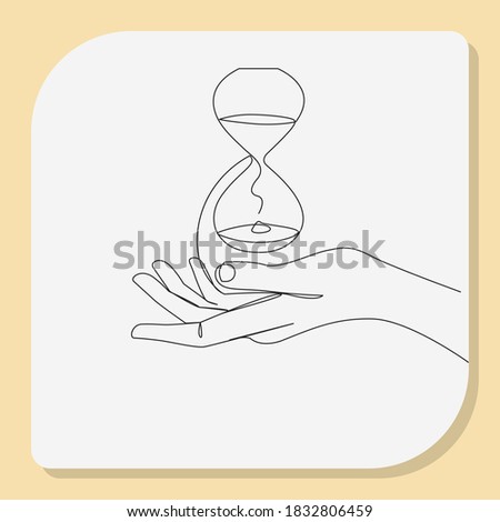 Continuous line, Hourglass in hands. Drawing of set Give. (Vector illustration one line drawing)