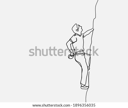 Continuous line, Young man climbing on a limestone wall. Drawing of set Challenge. (Vector illustration one line drawing)