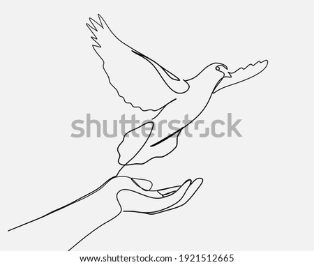 Continuous line, Woman praying and free bird. Drawing of set Hope. (Vector illustration one line drawing)