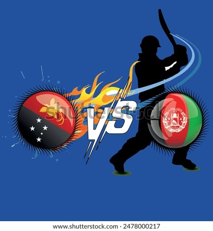 Afghanistan Vs Papua new guinea. Cricket Match concept with creative illustration of participant countries flag Batsman and Circle isolated on Blue background. Papua new guinea Vs Afghanistan.