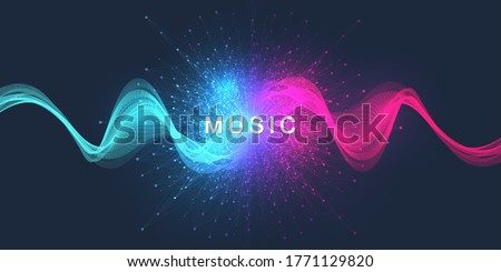 Abstract motion sound wave lines and dots dynamic vector background. Spiral pulse sound wave rhythm. Music wave poster design