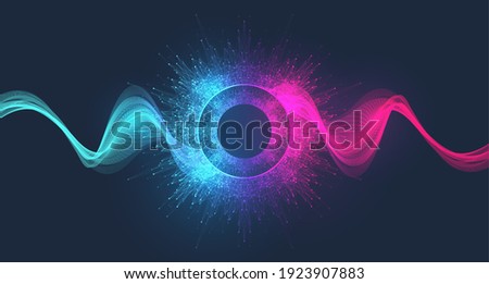 Abstract fiction vector illustration quantum computer technology. Sphere explosion background. Deep learning artificial intelligence. Big data visualization algorithms. Waves flow. Quantum explosion.