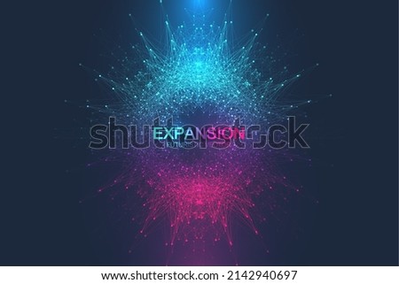 Expansion of life. Colorful explosion background with connected line and dots, wave flow. Visualization Quantum technology. Abstract graphic background explosion, motion burst, vector illustration. Foto d'archivio © 