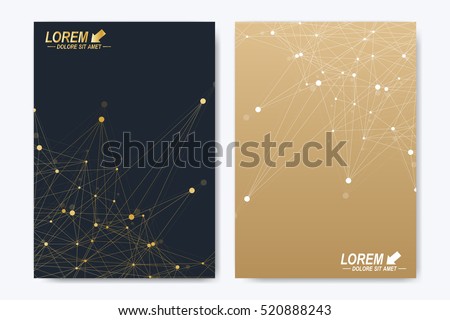 Modern vector template for brochure Leaflet flyer advert cover magazine or annual report. A4 size. Business, science, medical design book layout. Golden cybernetic dots. Lines plexus. Card surface