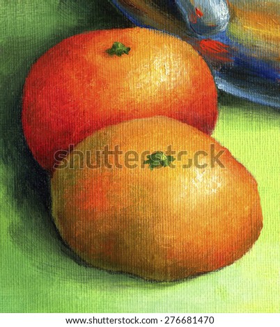 Two bright red mandarin, painted in oil on canvas. Juicy ripe tangerines on a green background close-up.