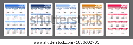 Calendar 2022, 2023, 2024, 2025, 2026. Simple vertical calendar design template. Set of vectors in different colors. Week starts on Sunday.