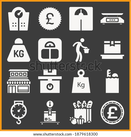 Collection of 16 pounds filled icons included kilo, scale, scales, weighing, weight, delivery, balance, pounds money coin, groceries, worker carrying bucket, pounds sticker Photo stock © 
