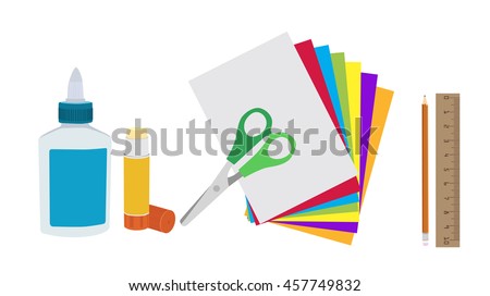 Glue, paper and scissors isolated flat vector. Kids art and craft paper applique supplies.