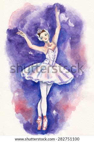 Young and beautiful ballerina in white tutu on watercolor background