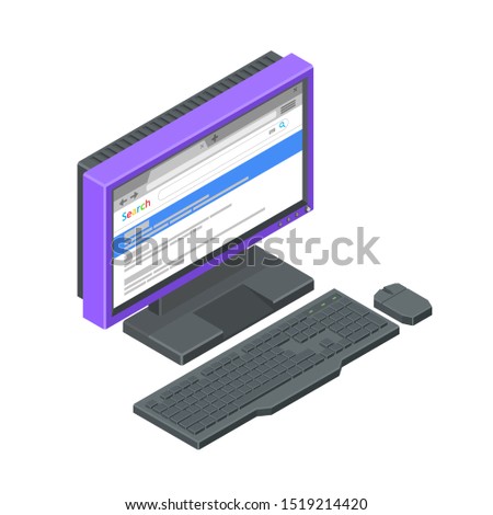Purple monitor with browser open, with keyboard and mouse