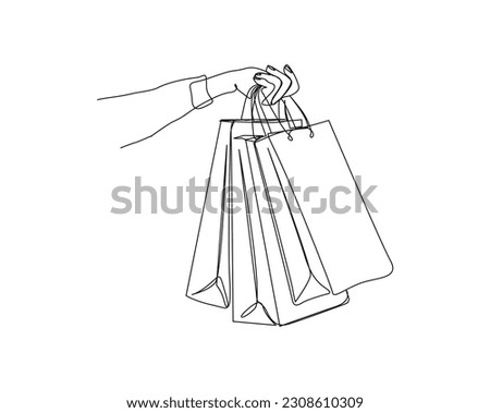 Continuous one line drawing of hand holding shopping bag. Paper bags line art vector illustration.  Editable stroke.