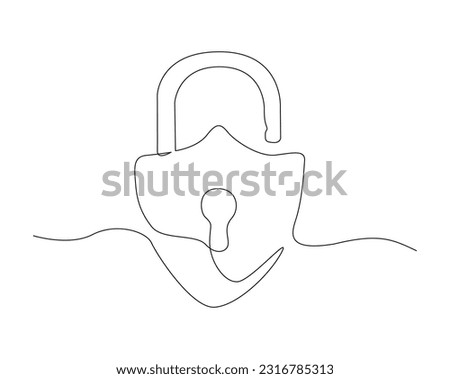 Continuous one line drawing of padlockwith key hole. Portable lock line art vector illustration. Security and protection concept. Editable stroke.	