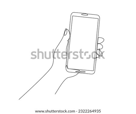 Continuous one line drawing of hand holding cellphone. Hand holds smartphone line art vector illustration. Editable stroke.	