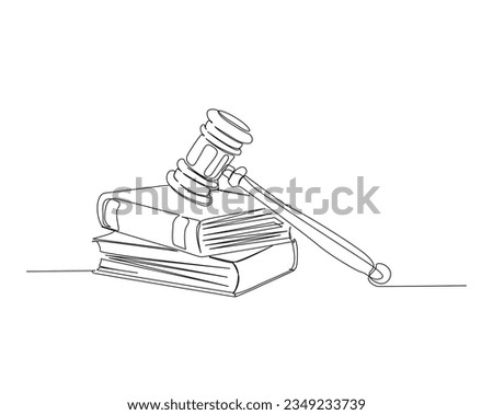 Continuous one line drawing of Judge's hammer over the books. Law hammer outline vector illustration.  