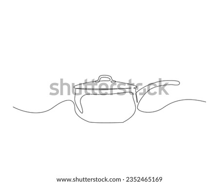 Continuous one line drawing of cooking pot. Kitchen tools background, utensil outline vector illustration. Editable stroke. 