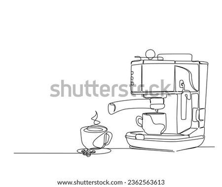 Continuous one line drawing of coffee maker machine with a cup coffee. Coffee maker line art vector illustration. Editable stroke.	