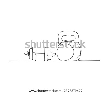 Continuous one line drawing of dumbbell - fitness equipment. Kettlebell ,and dumbbell outline vector illustration.