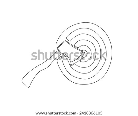 Continuous one line drawing of axe throwed in wood target. Throw axe in target line art vector illustration. Editable stroke.