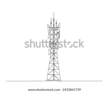 Continuous one line drawing of satellite tower. Communication tower with antena and satellite disc in simple outline illustration. Editable stroke.