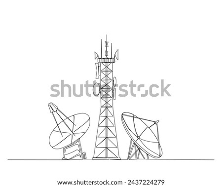 Continuous one line drawing of satellite tower and satellite disc. Communication tower and satellite disc in simple outline illustration. Editable stroke.