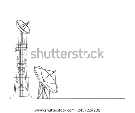 Continuous one line drawing of satellite tower and satellite disc. Communication tower and satellite disc in simple outline illustration. Editable stroke.