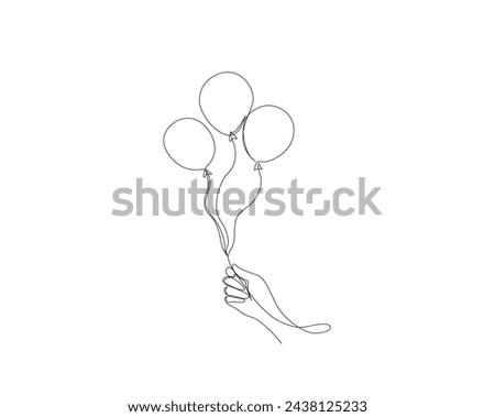 Continuous one line drawing of hand holding air balloons. Balloons outline vector illustration.	