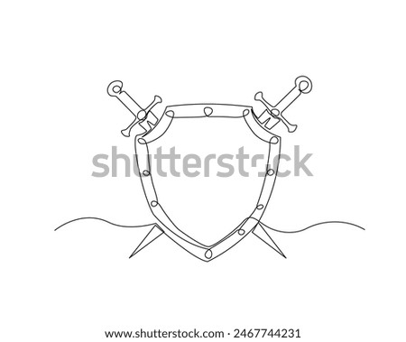 Continuous one line drawing of swords and shield. Simple sword and shield single outline vector illustration. Editable stroke.