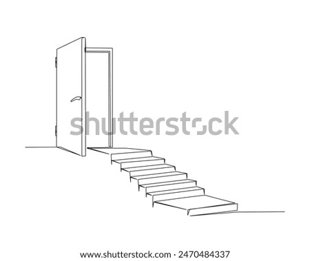 Opened door with stairs illustration. Continuous one line drawing of door and stairs. Editable stroke.