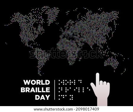 World Braille Day Vector, hand, book, typography world map with dots, Illustration. Suitable for greeting card poster and banner