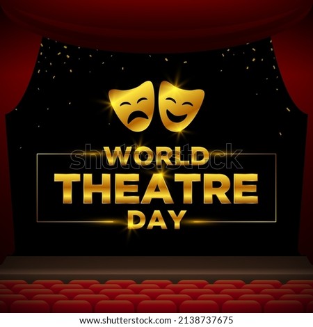 World theatre day, March 27, concept greeting card, with curtains and Scene with red velvet curtain, theatrical masks, World Theater day banner design