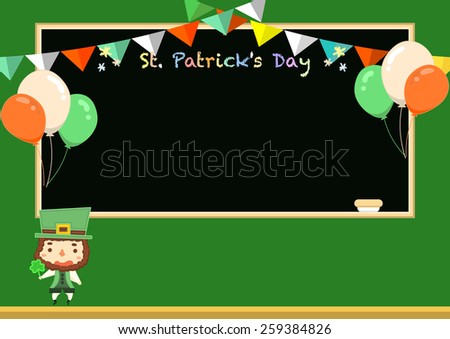 cartoon style St. Patrick's Day illustration / School blackboard and colorful bunting flags / cute leprechaun clip art