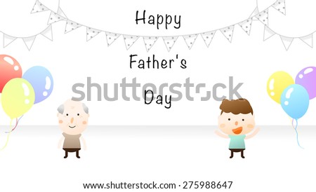 Happy Father's Day holiday celebration party cartoon illustration. E-card template. Simple and clean white background with bunting triangle flags banner and some balloon decoration. Cute characters.