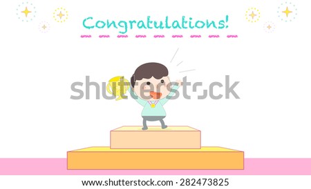A happy cartoon boy kid character holding a gold trophy standing on a stage. Top one champion winner competition award ceremony celebration party event illustration, vector. HD tv screen size template