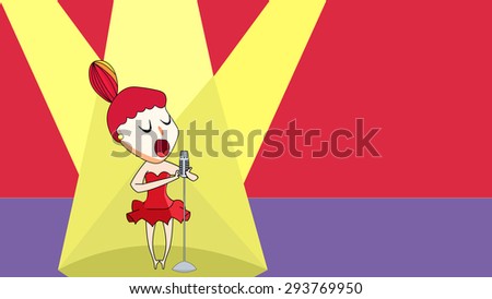 Cartoon illustration of a female young lady, red hair bun pretty woman singing music song on the stage. Actor, actress performance contest, award ceremony. Funny out of tune. Spotlight and microphone.